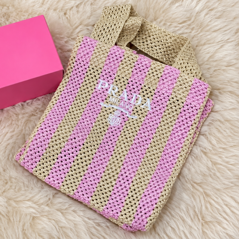 Prada da Large Raffia Logo Tote กระเป๋าถักสีชมพูน้ำตาล